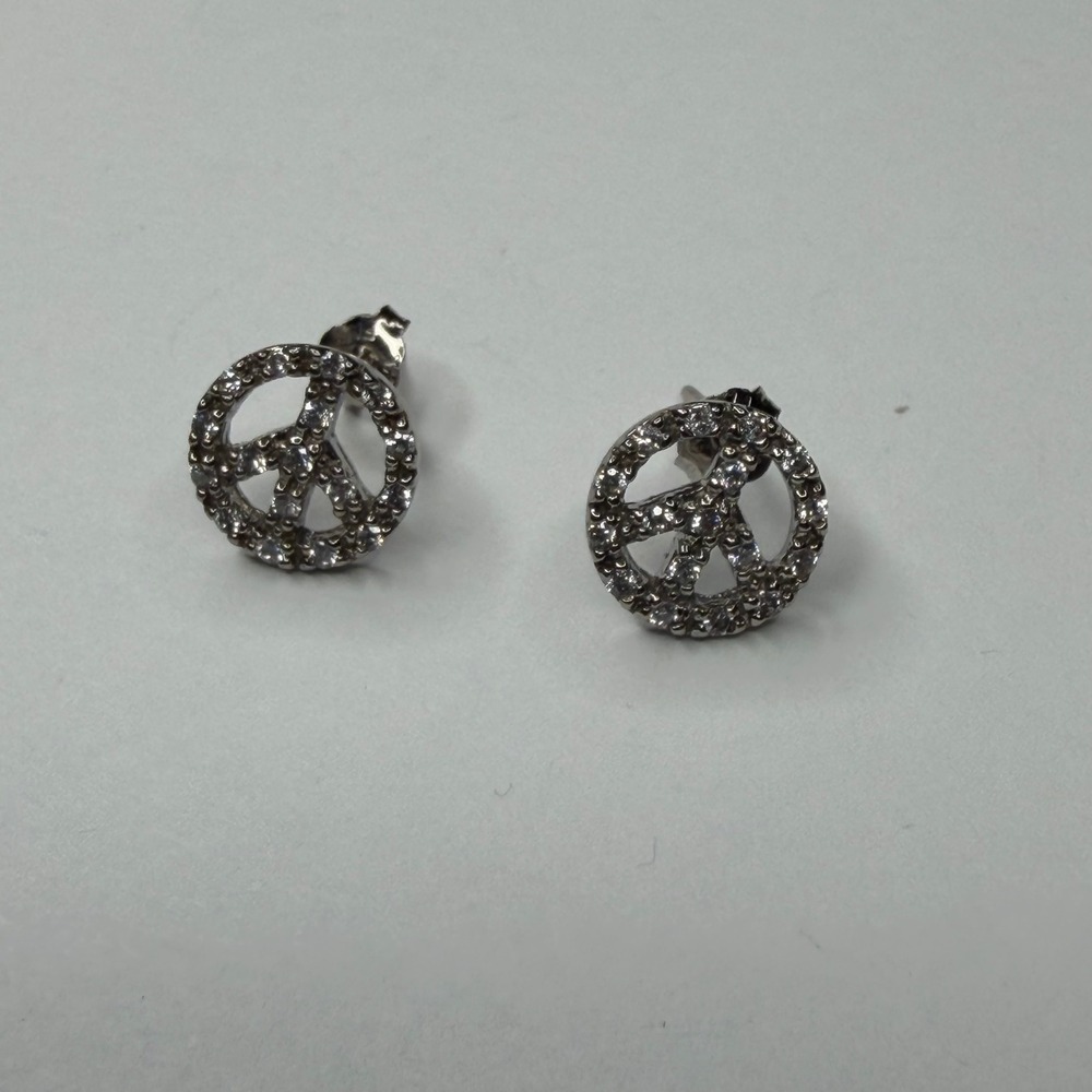 FAS Peace Sign Studs Silver Cubic Zirconia Women's OS Glam Hippie Boho